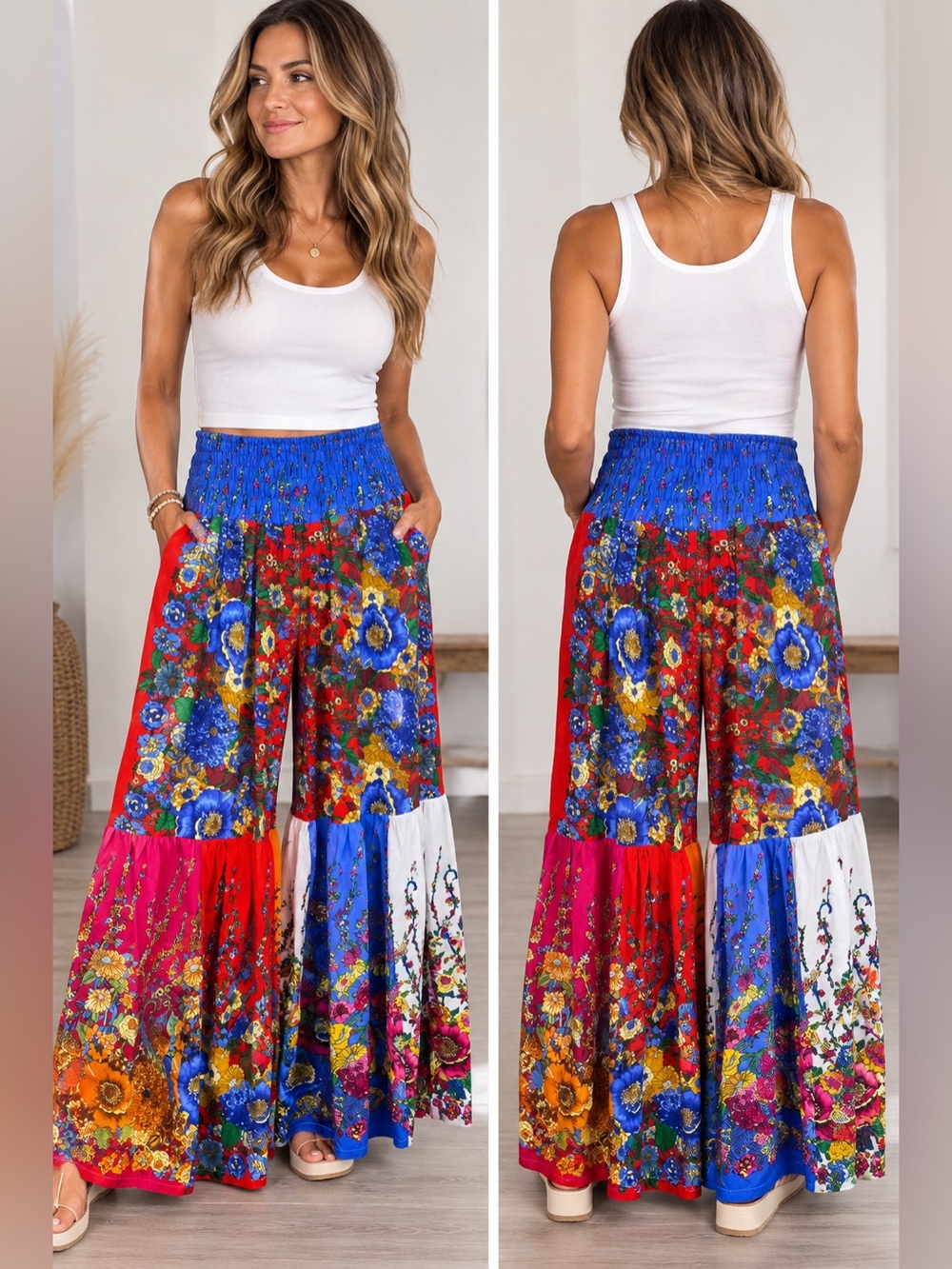 New nwt Multicolor Floral Tiered pants- Blue & Red one size